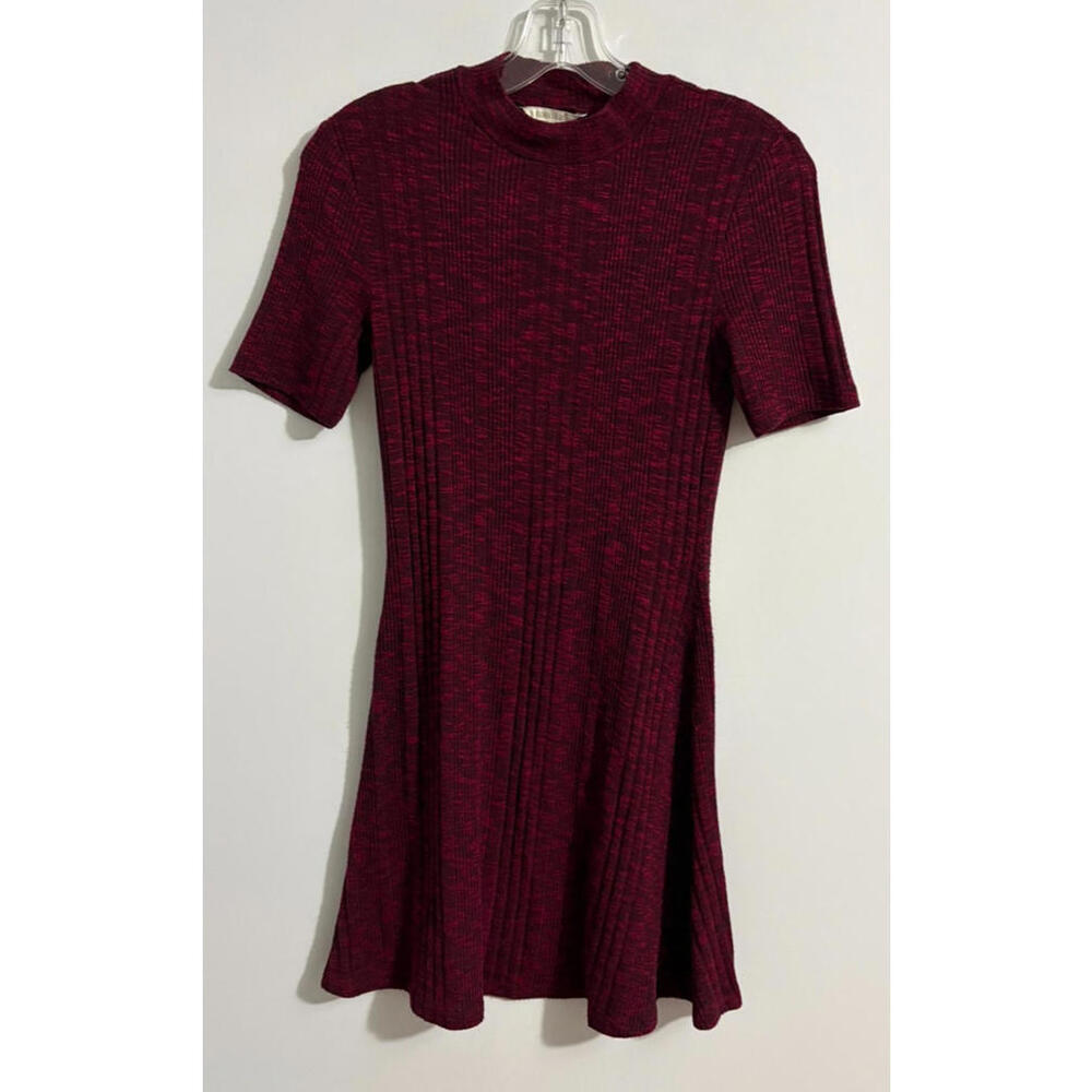 Forever 21 Dress Small Burgundy Ribbed Knit Mock Neck Short Sleeve Fitted Stretc